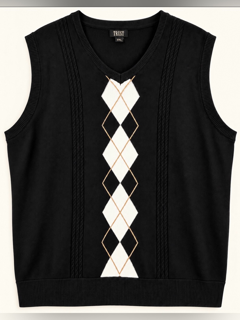 TRUST Men’s 2XL Black Argyle Sweater Vest V-Neck Cable Knit